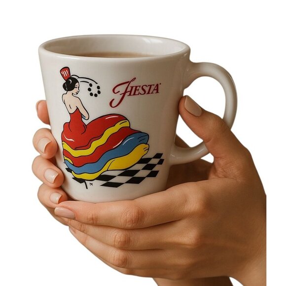 FIESTAWARE FIESTA CERAMIC WHITE TAPERED MUG CUP DANCING LADY 15 FL OZ - Picture 1 of 14